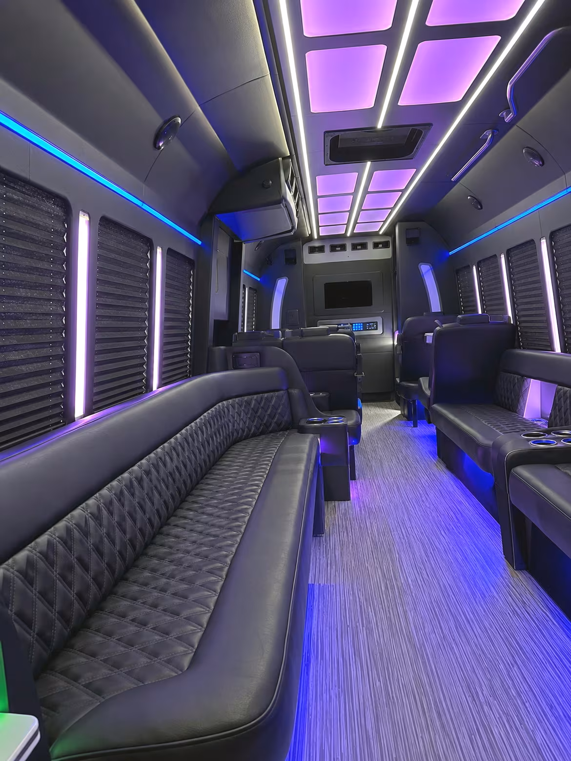Friends laughing during a party bus celebration in Fargo